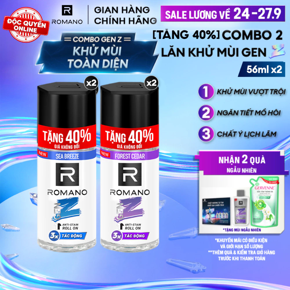 [TẶNG 40% DUNG TÍCH] Combo 2 Lăn khử mùi Romano Gen Z Khử mùi vượt trội - Ngăn vệt ố vàng ( 56ml x 2 )