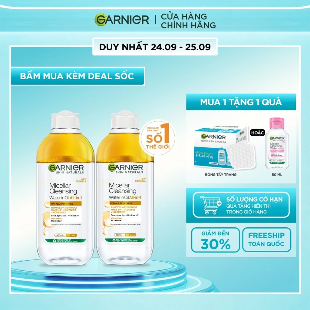 Bộ 2 nước làm sạch và tẩy trang cho da khô & trang điểm Garnier Micellar Water 400ml x 2