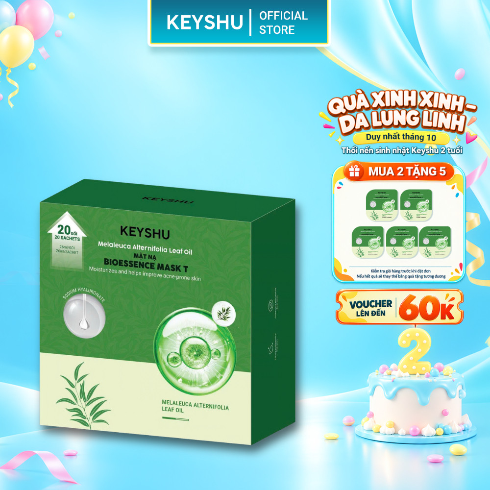 Hộp 20 Miếng Mặt Nạ Tràm Trà 26ML KEYSHU Hỗ Trợ Giảm Mụn, Kiểm Soát Dầu, Làm…