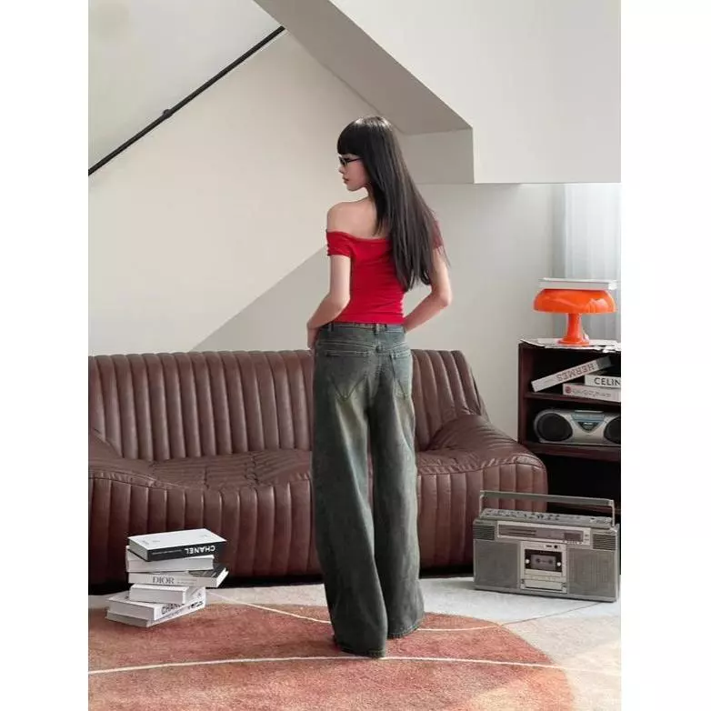 MYUN - Quần Jean Nữ Ống Rộng Lưng Cao, Quần Bò Dáng Suông Denim Cotton, Hack Dáng, Màu Bụi Ánh Vàng JR0004