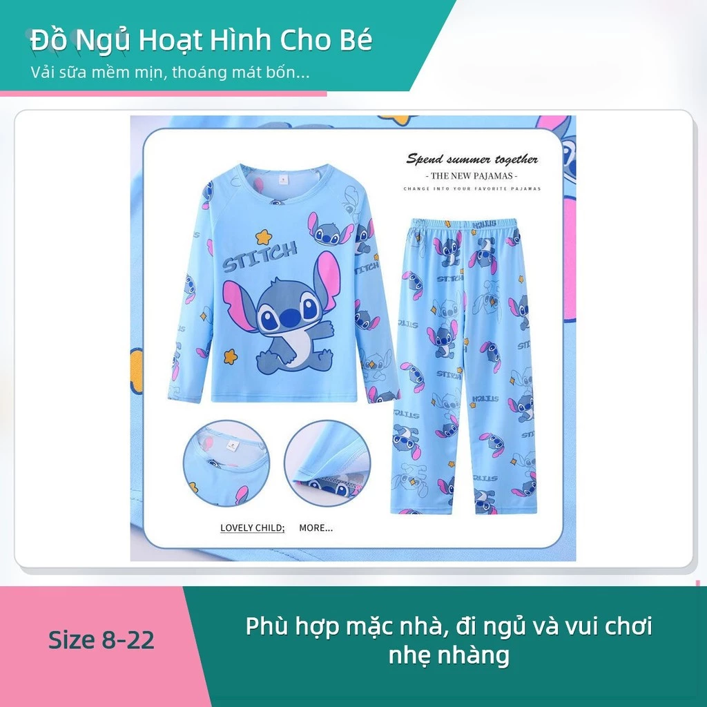 Bộ Đồ Ngủ Trẻ Em Dài Tay Vải Sữa Mềm Mịn In Hình Hoạt Hình Stitch Kuromi My Melody Mặc Nhà Thoáng Mát Size 90-160cm ✨deerlu05.vn✨