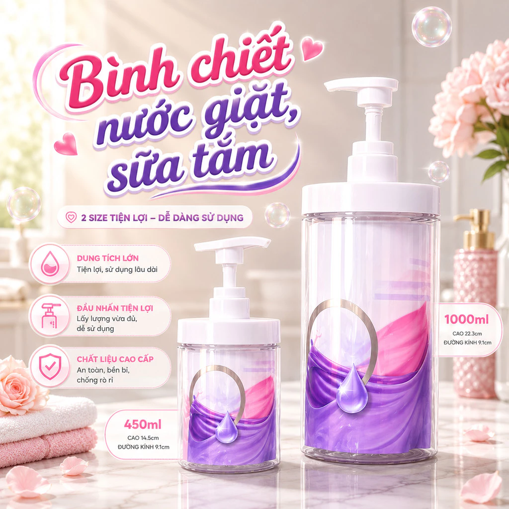 Bình Chiết Nước Giặt, Nước Xả Vải 500/ 1000ml Trong Suốt Có Vòi Nhấn Chống Tràn, Chai Đựng Sữa Tắm, Dầu Gội