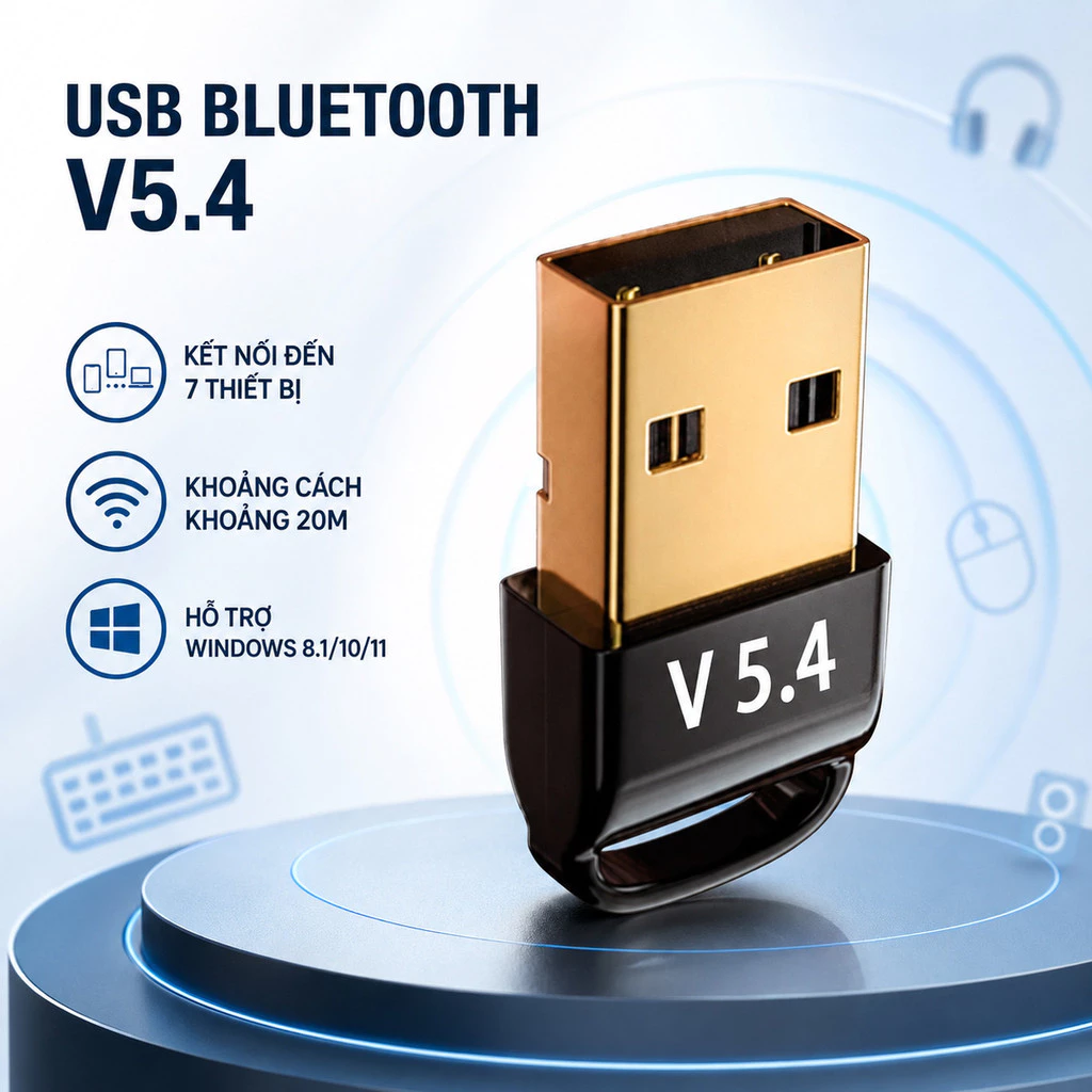 USB Bluetooth 5.0/5.3/5.4 Cho Máy Tính PC Laptop, Adapter Bluetooth Kết Nối Tai Nghe Loa Chuột Bàn Phím