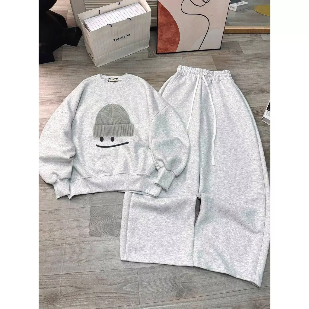 sét bộ thu đông dài tay quần dài rộg Xtiêu trơn da cá + mix áo SWEATER nỉ xám tiêu -mũ len