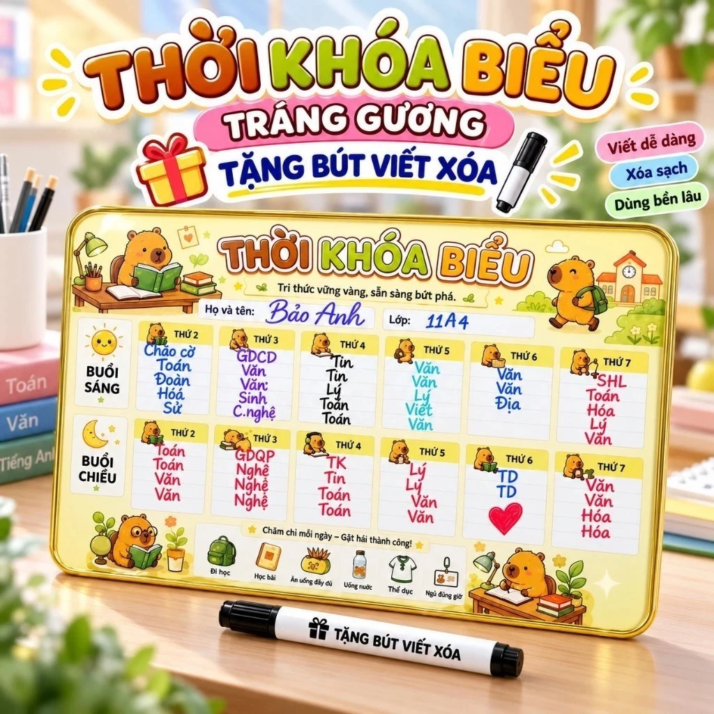 Bảng Thời Khóa Biểu Để Bàn Tráng Gương 20x30cm, TẶNG BÚT VIẾT XÓA, Bền Đẹp Tiện Lợi Cho Học Sinh Mini Boo