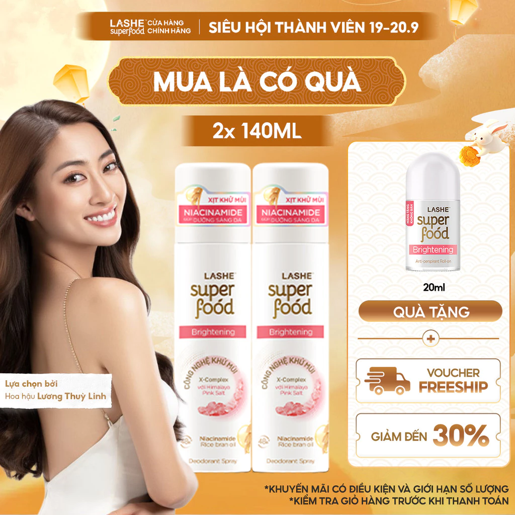 Combo 2 Xịt Khử Mùi LASHE SUPERFOOD Dưỡng Sáng Da / Se Khít Lỗ Chân Lông / Dưỡng Da Mềm Mịn 140MLx2