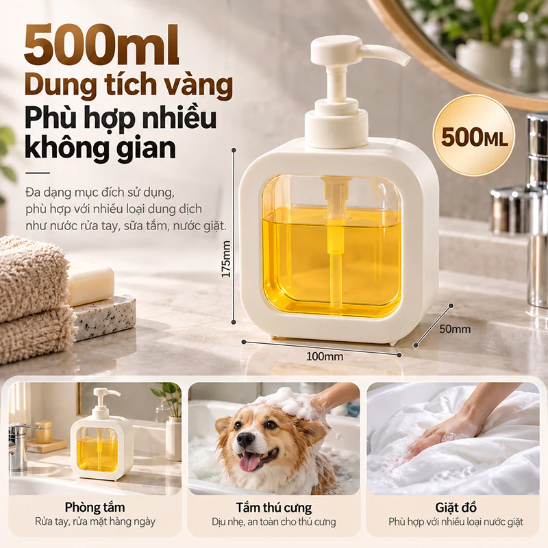 Chai phân phối chất lỏng 500ml có cửa sổ trong suốt, Chai bơm có thể tái sử dụng, Thích hợp cho nước rửa tay, Gel tắm, chất lỏng giặt và các sản phẩm phòng tắm khác.