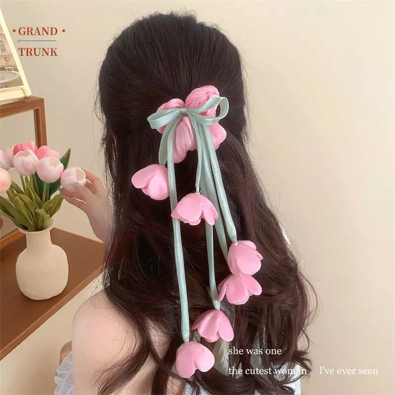 [INVN] Dây buộc tóc hình hoa Lily Of The Valley & Tulips có nút ruy băng lủng lẳng - Phụ kiện tóc thanh khiết dành cho nữ Mới