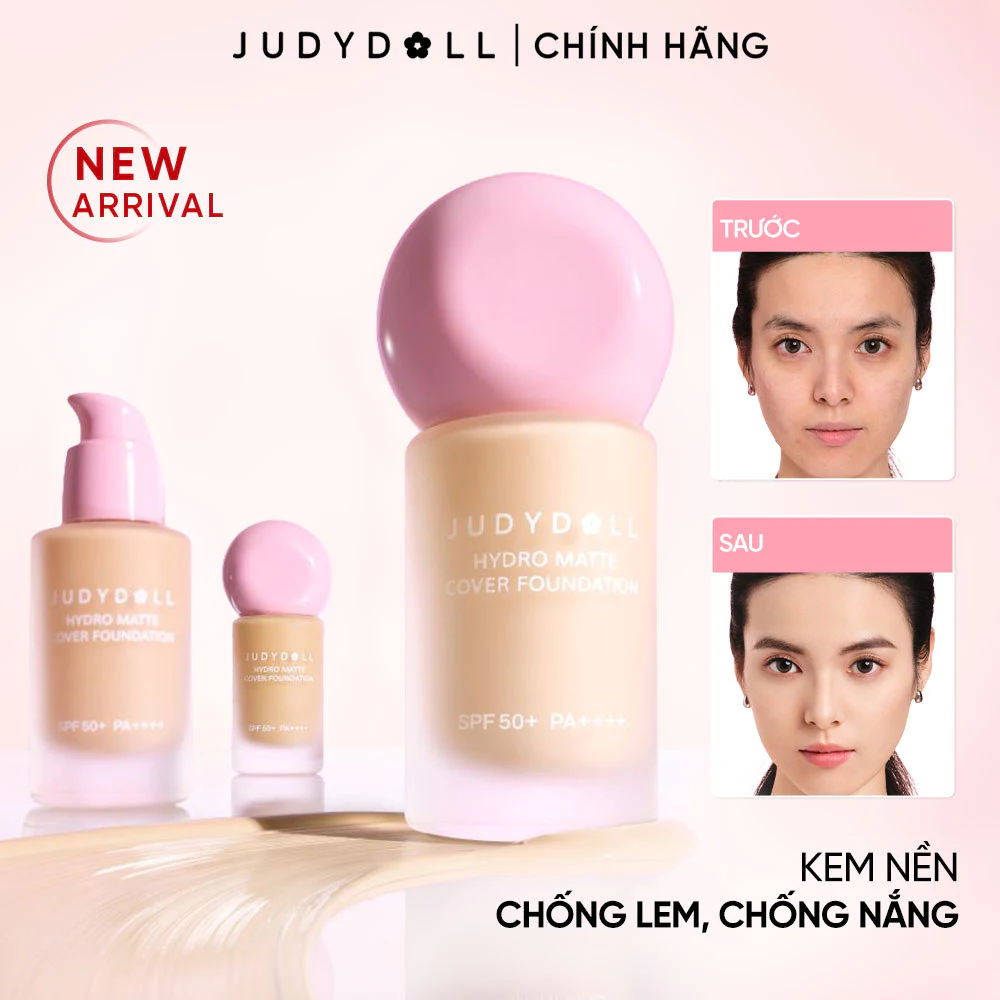 Judydoll Kem nền Hydro Matte Cover Foundation Chống lem Chống trôi vượt trội Chống nước Chống nắng SPF50+ PA+++ Mịn lì