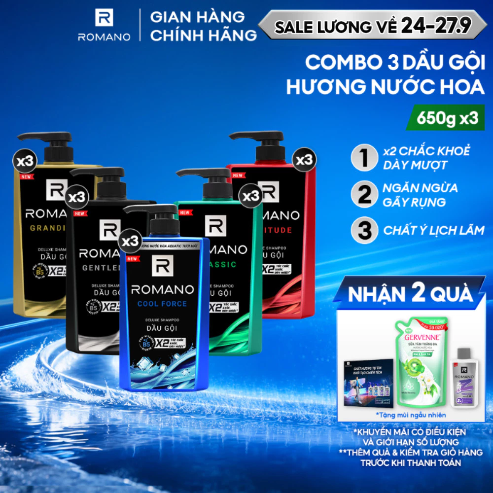 Combo 3 Dầu gội nam Romano hương Nước hoa nam Classic/ Force/ Attitude/ Gentleman 650g/chai