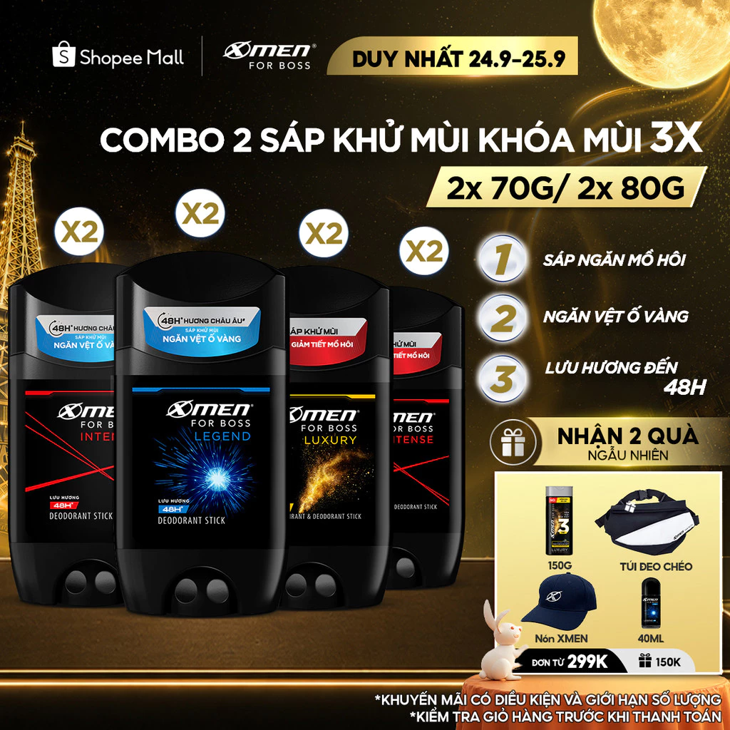 [MỚI] Combo 2 Sáp khử mùi XMen for Boss 70g/80g, ngăn tiết mồ hôi (sáp trắng),ngăn vệt ố vàng (sáp xanh)