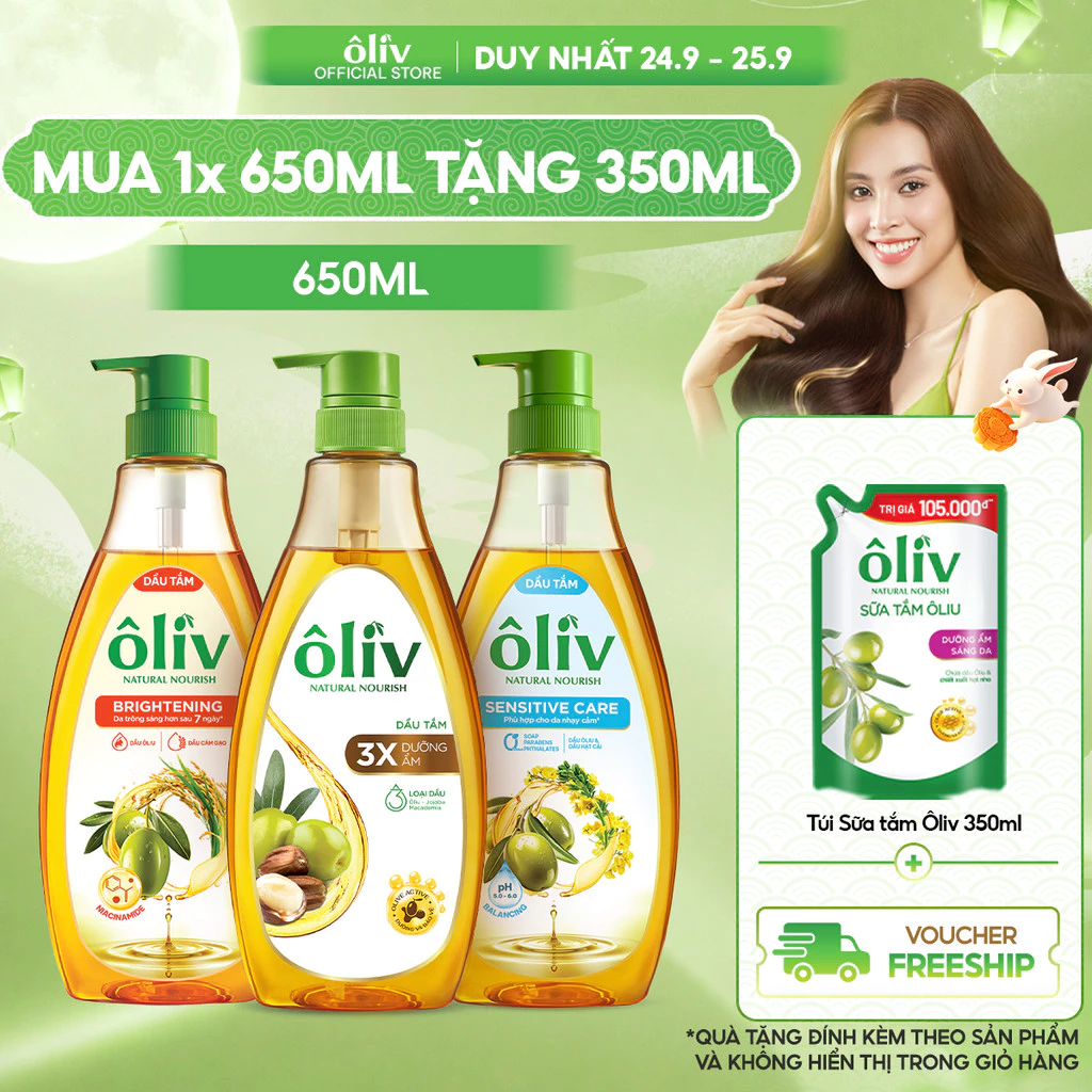 [MỚI - MUA 1 TẶNG 1] Dầu tắm Ôliv 650ML Tặng Túi Sữa Tắm Ôliv Dưỡng Ẩm Sáng Da 350ML