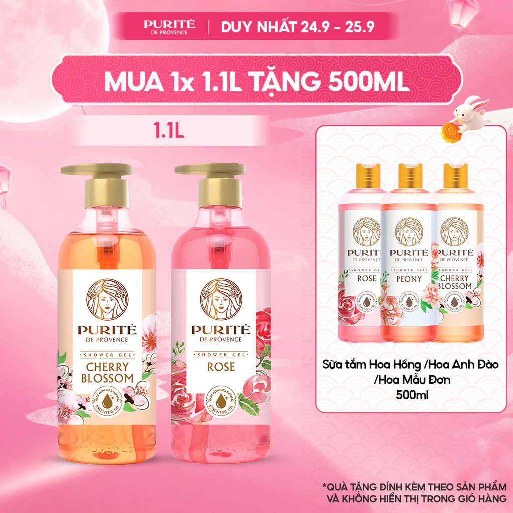 Sữa Tắm PURITE 1.1L Hương Hoa Anh Đào/Hoa Hồng Tặng Sữa Tắm Hương Hoa Anh Đào/Hoa Mẫu Đơn/Hoa Hồng 500ml