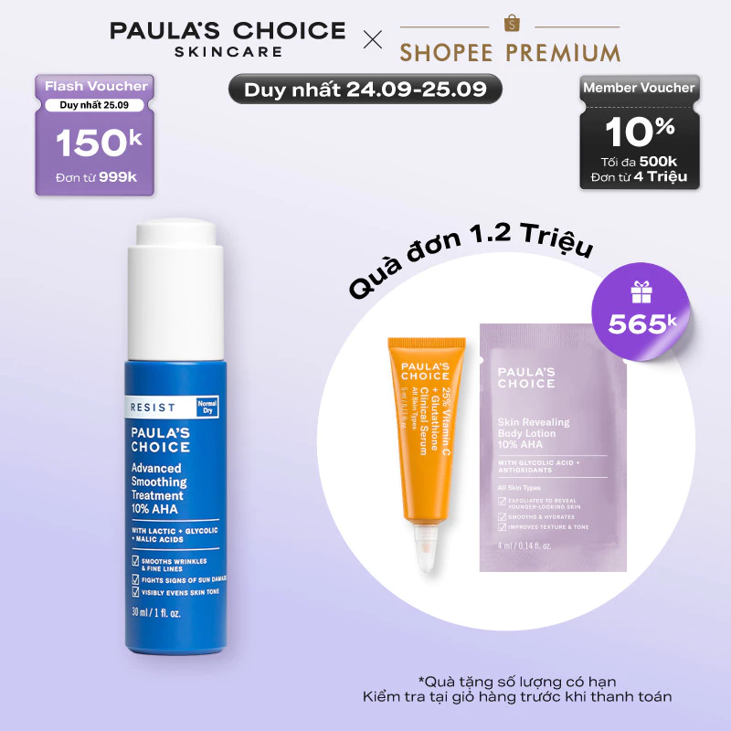Lotion làm sáng mịn da giúp da căng bóng Paula's Choice Resist Advanced Smoothing Treatment 10% AHA 30ml 7651