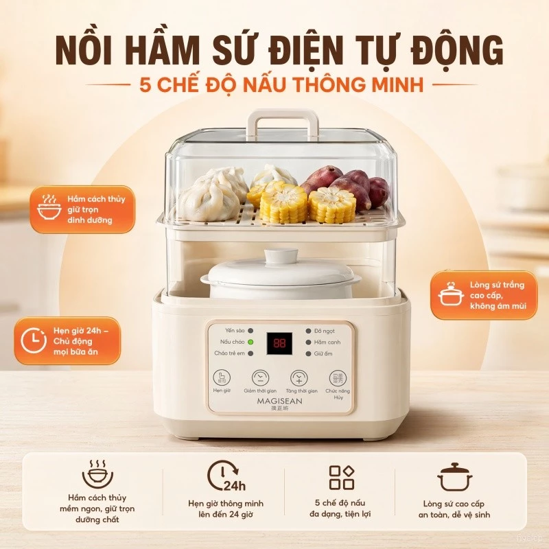 Nồi Chậm Đa Năng – 5 Thực Đơn Thông Minh, Hẹn Giờ 24 Giờ, Tự Động Giữ Ấm, Bảo Vệ Quá Nhiệt