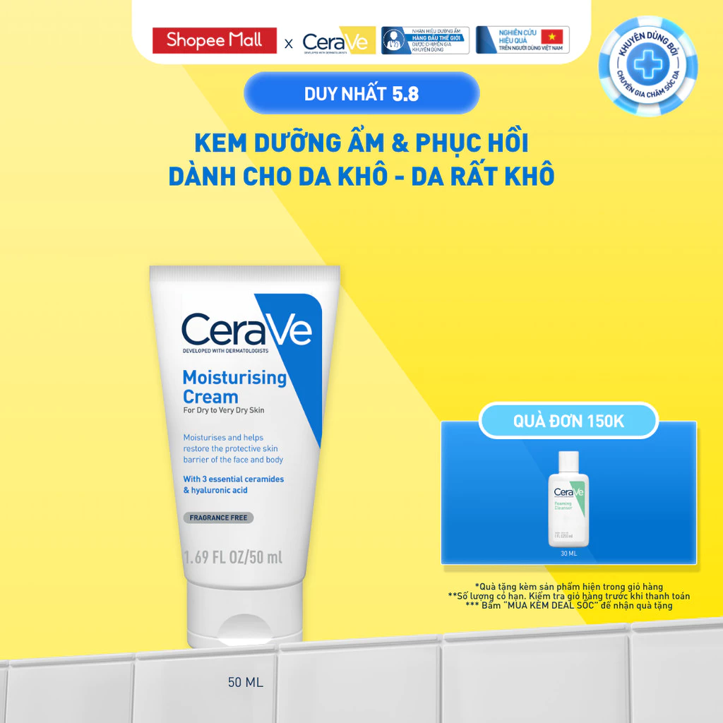 Tuýp kem dưỡng CeraVe Moisturising Cream 50 ml cho da khô đến rất khô trên Shopee