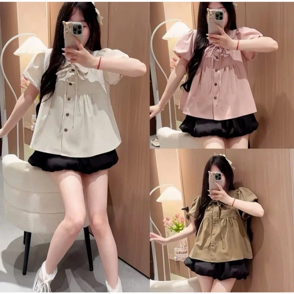 Áo babydoll dáng xòe cổ sen tay bồng kèm dây buộc nơ,áo kiểu cúc cài màu nâu dễ thương mẫu mới phong cách Hàn