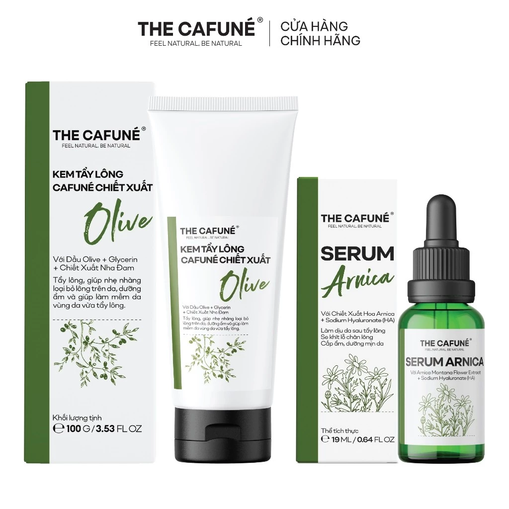 [COMBO GIẢM 26%] Combo Kem Tẩy Lông Cafuné Chiết Xuất Olive 100g Và Serum Dưỡng Da Sau Tẩy Arnica 19ml