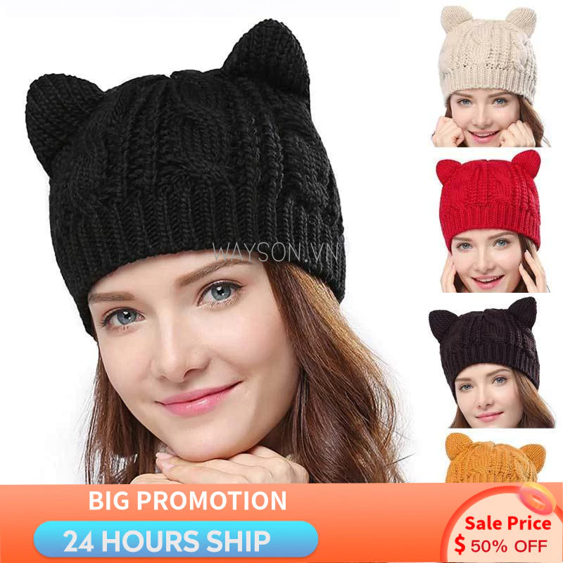 {SẴN SÀNG} Beanie tai mèo dệt kim dễ thương 3D làm bằng tay cho mùa đông