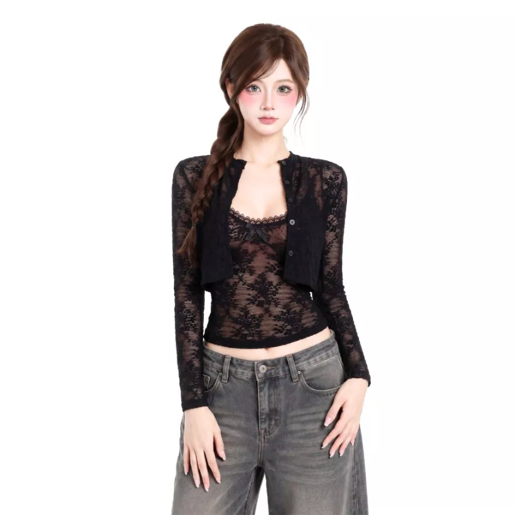 SET Áo 2 Dây Ren Hoa Phối Kèm Cardigan Tay Dài Xuyên Thấu Cá Tính A51603 - Fashion 73