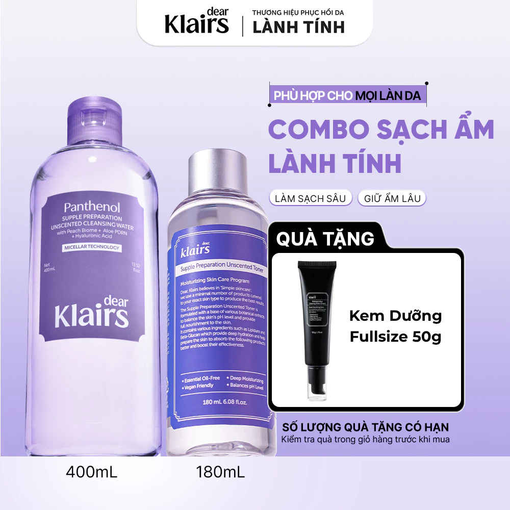 COMBO Dear, Klairs Nước tẩy trang Supple Preparation Unscented Cleansing Water 400ml +Nước hoa hồng Unscented 180ml [FS]