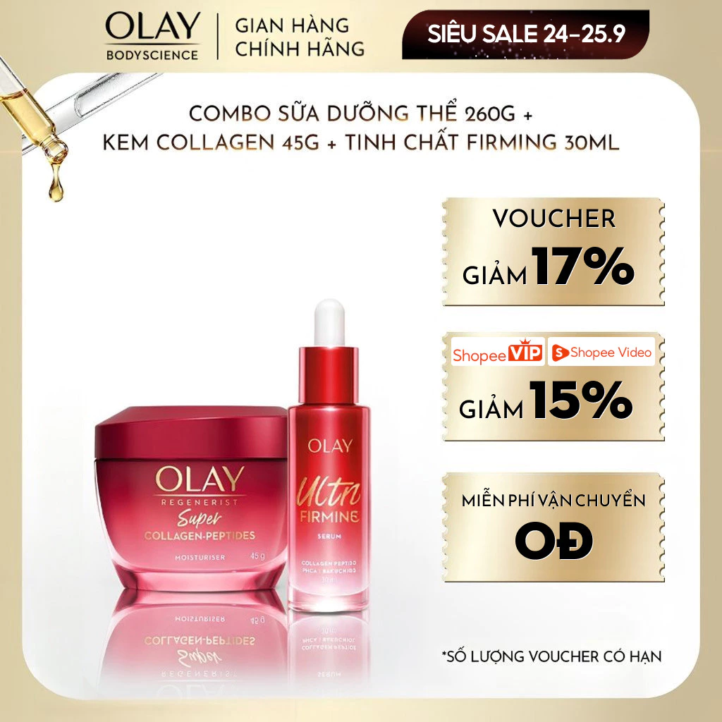 [LS] Combo Kem Dưỡng Ẩm OLAY Super Collagen Peptides 45G + Serum OLAY Ultra Firming 30ML