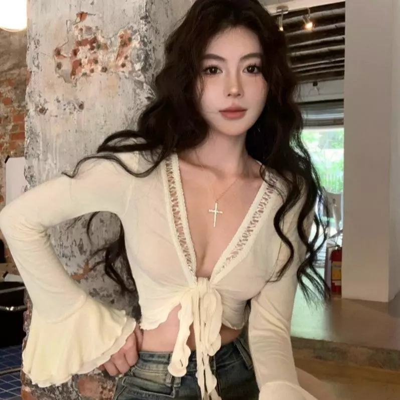 Phụ Nữ Mùa Hè Rỗng Tay loe Chống Nắng Dây Buộc Gợi Cảm Crop Cổ Chữ V Dài Tay Áo Khoác