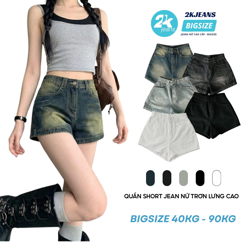 Quần Short Jean Nữ Trơn 40-90kg, Quần Đùi Ngắn Nữ Trơn Lưng Cao hàng cao cấp Bigsize MS1088