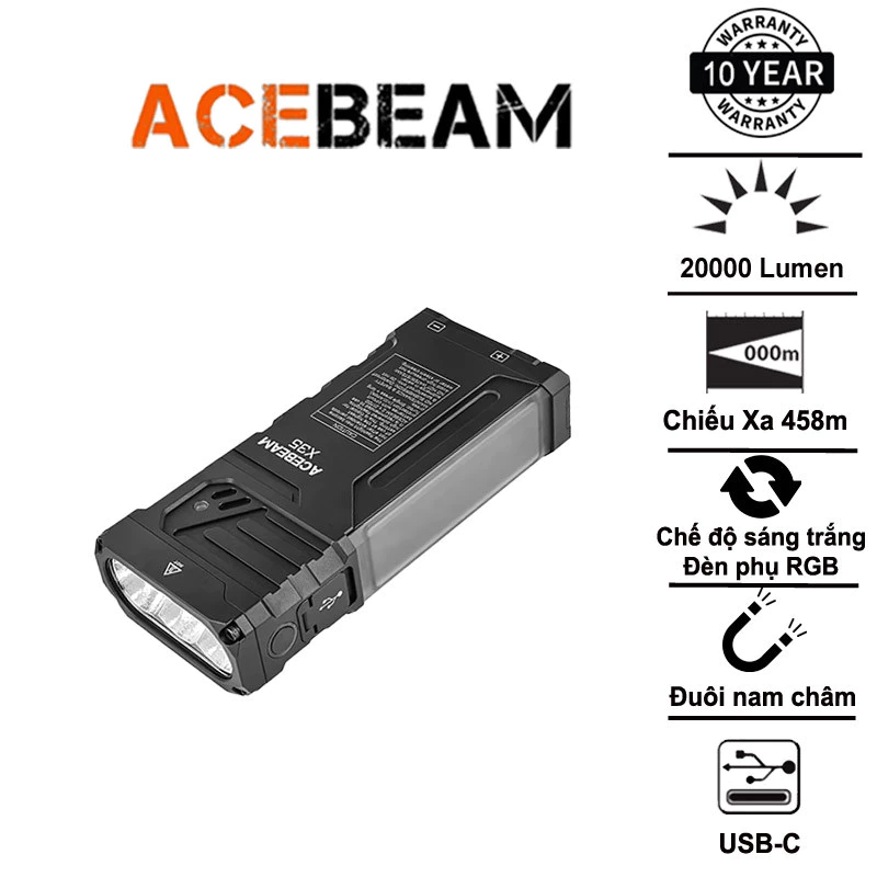 ACEBEAM X35 –  Đèn pin công suất lớn 20000 lumen, chiếu xa 458m, 2 pin 21700, nam châm đuôi