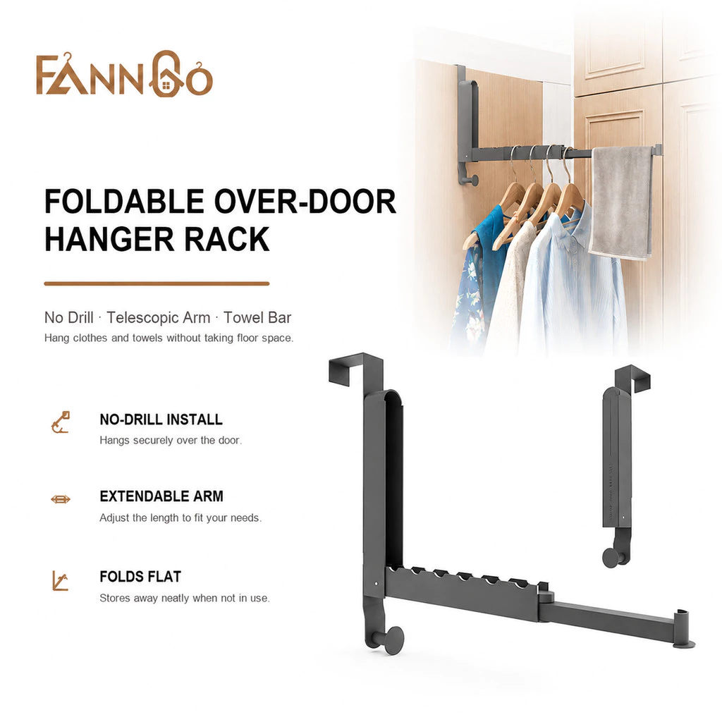 FannGo Móc Treo Quần Áo Gấp Gọn Không Để Lại Dấu Vết, Thanh Treo Di Động Cho Quần Áo, Lưu Trữ Đồ Du Lịch, Phòng Tắm, Ký Túc Xá, Màu Xám, 1 Cái, Dụng Cụ Sắp Xếp Tủ Quần Áo.