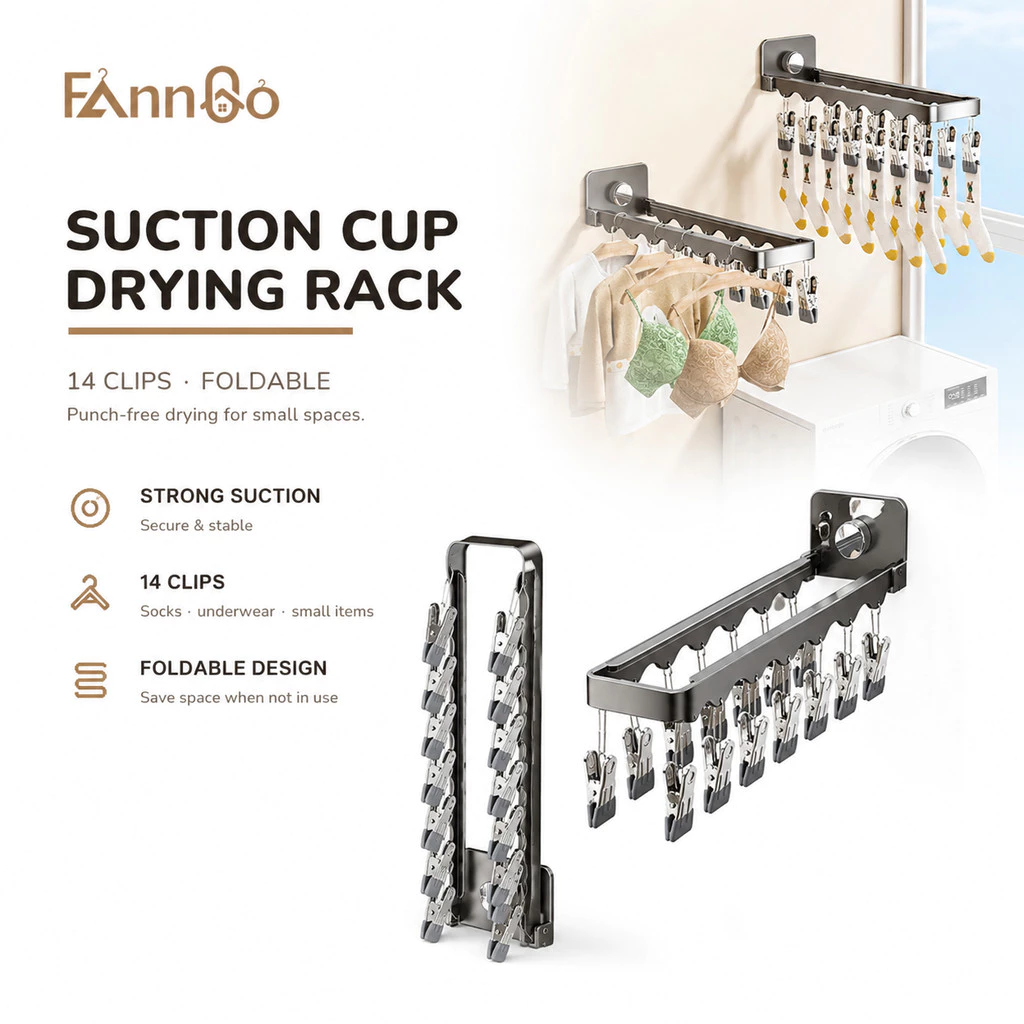 Hàng sẵn có Cốc hút Quần áo Giá phơi quần áo có kẹp Có thể gập lại Móc treo đồ giặt treo tường không đục lỗ Chống gió cho tất Đồ lót Ban công Cửa sổ Du lịch