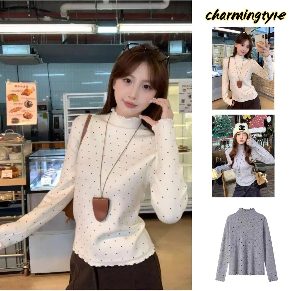 Áo Lót Giữ Nhiệt Nữ Thu/Đông Mới: Áo Dài Tay Phong Cách Hàn Quốc Họa Tiết Chấm Bi Và Viền Gấu Lượn Sóng