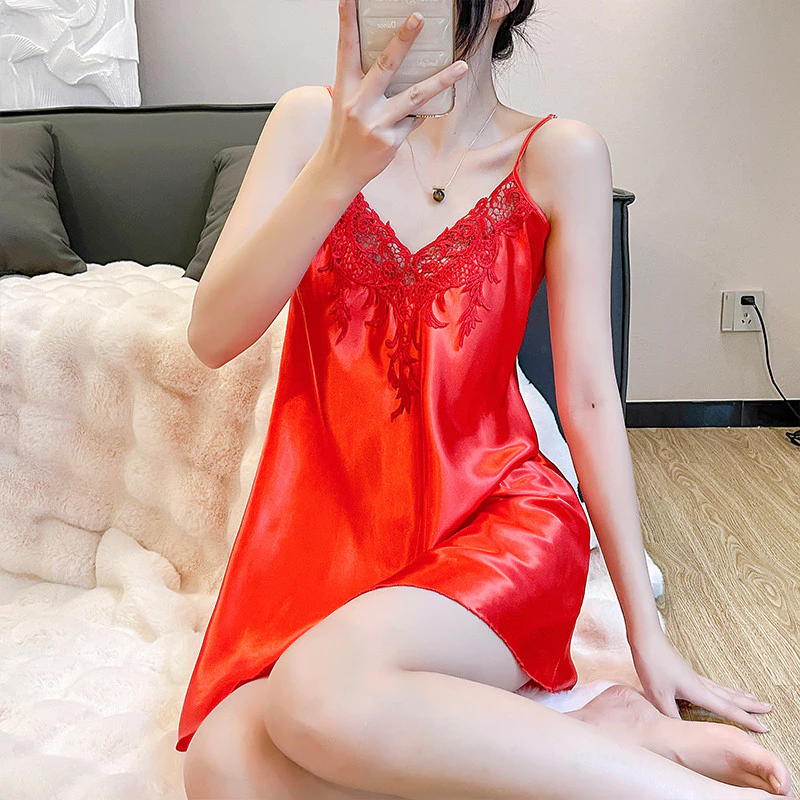 Váy ngủ mỏng dây mảnh chất lụa giả cao cấp, đầm ngủ ren viền ngực gợi cảm, đồ ngủ nữ quyến rũ mặc nhà