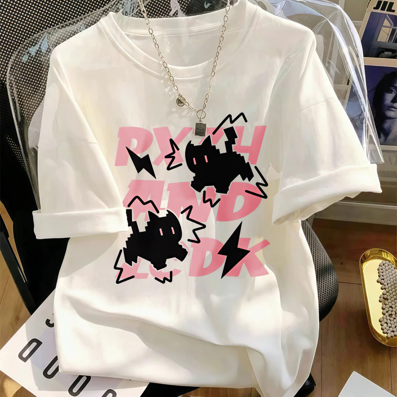 Áo thun nữ cao cấp cổ tròn tay ngắn trắng in thú pixel dễ thương vải thoáng mát mặc dễ chịu phong cách  kiểu basic