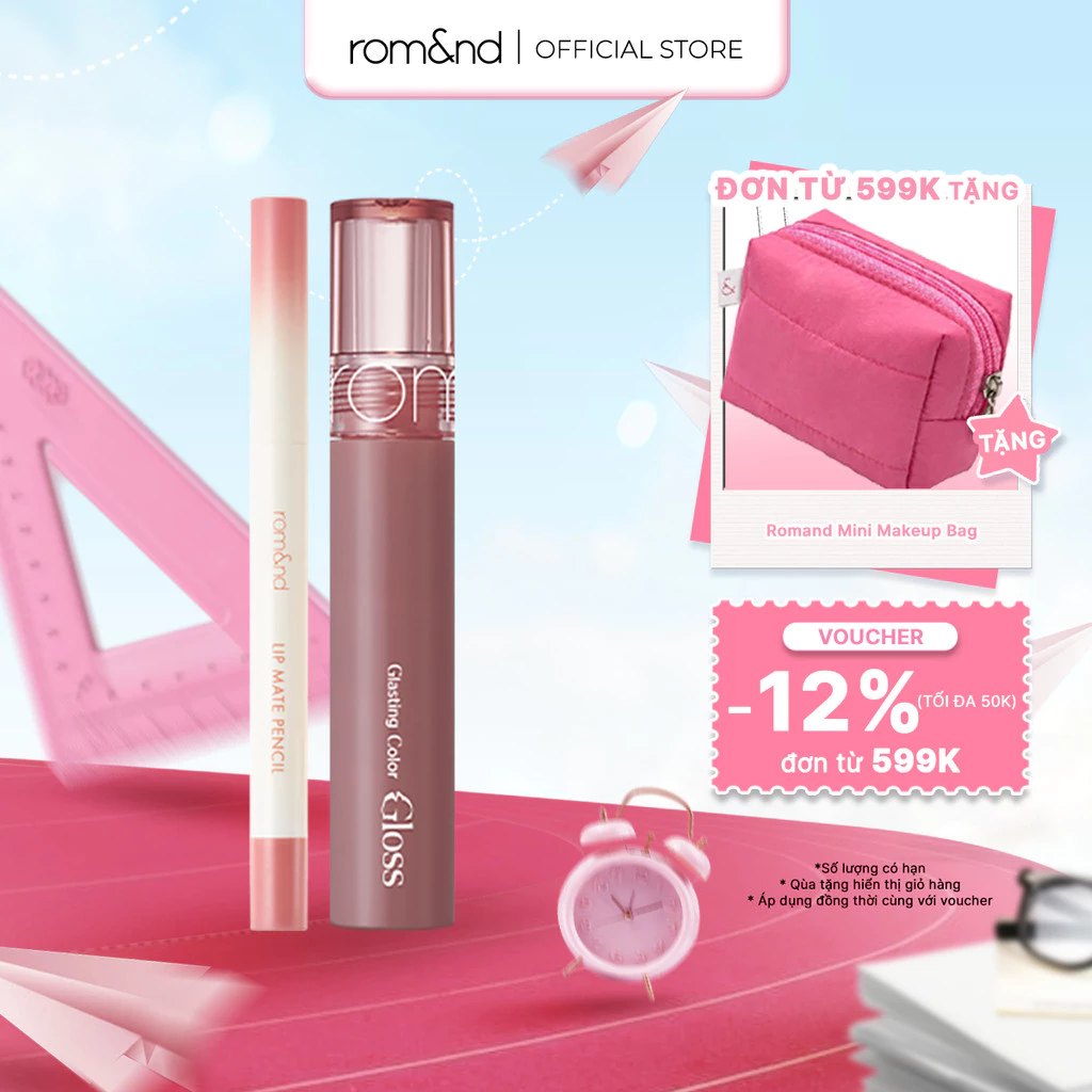 Combo Chì Kẻ Viền Môi Romand Lip Mate Pencil + Son Bóng Romand Glasting Color Gloss