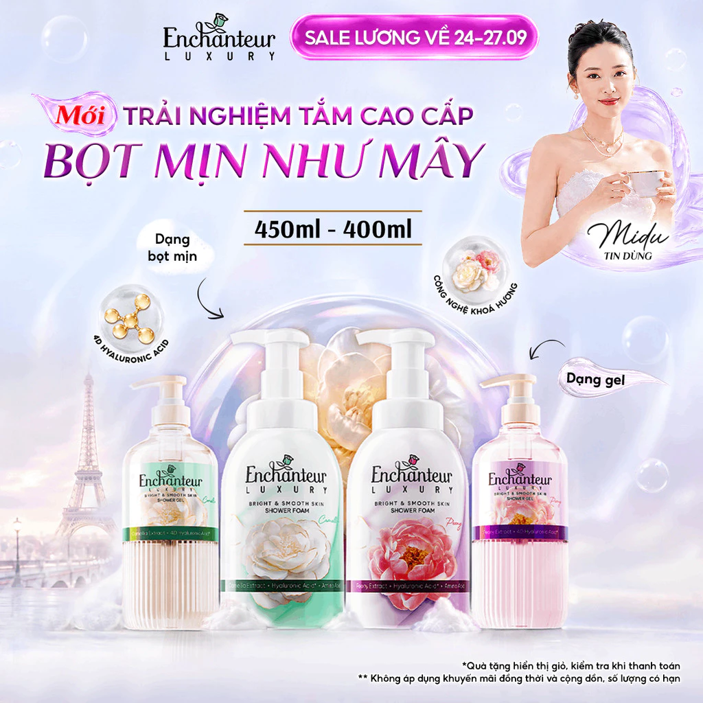 Trải Nghiệm Tắm Cao Cấp Enchanteur Luxury Dưỡng Da Sáng Mịn Chứa Chiết Xuất Hoa Trà/ Hoa Mẫu Đơn + 4D Hyaluronic Acid