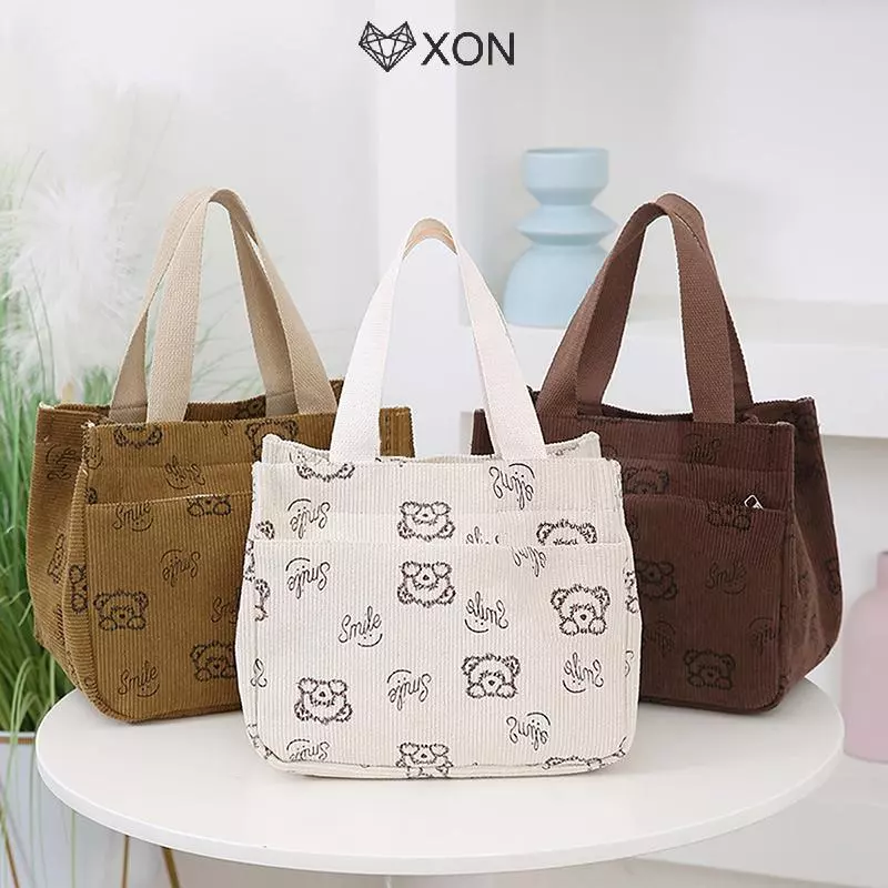 [XON] Túi xách vải nhung in hình hoạt hình dễ thương Túi xách đa năng nhân viên văn phòng Bữa trưa Túi Tote Bento [Mina]