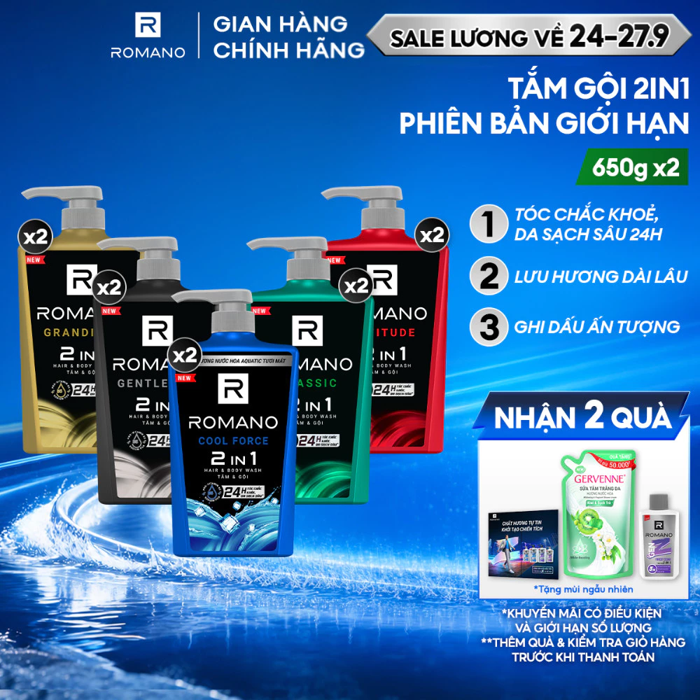 [SVIP] Combo 2 Tắm gội cho nam 2 trong 1 Romano Attitude/Gentleman/Force/Classic 2in1 (650g x 2)