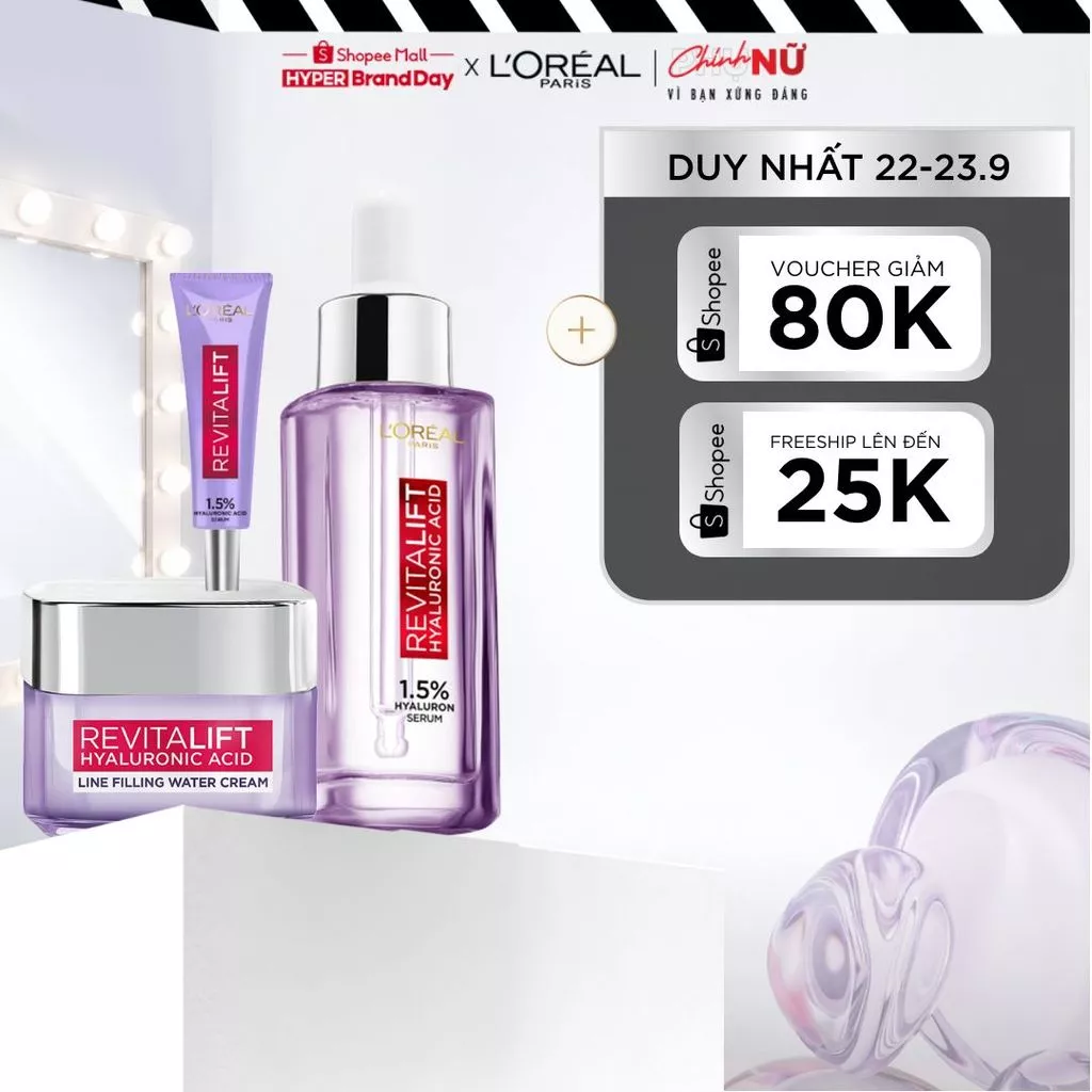 Bộ Serum Cấp Ẩm Sáng Da 30ml, 7.5ml và kem dưỡng 15ml siêu cấp ẩm giảm nếp nhăn L'Oreal Paris Revitalift Hyaluronic Acid
