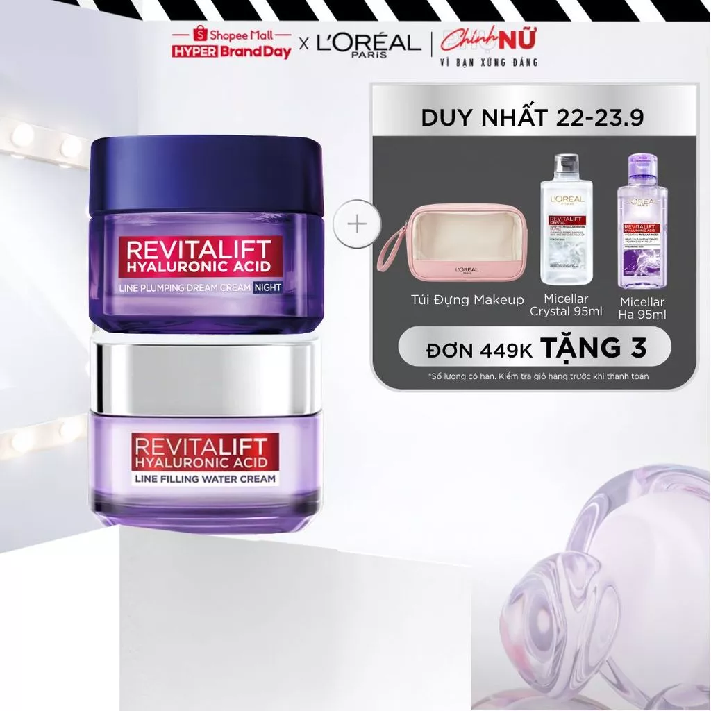 Bộ kem dưỡng ngày và đêm chống rãnh nhăn lão hóa sớm Revitalift Line Hyaluronic Acid L'Oreal Paris 50mlx2