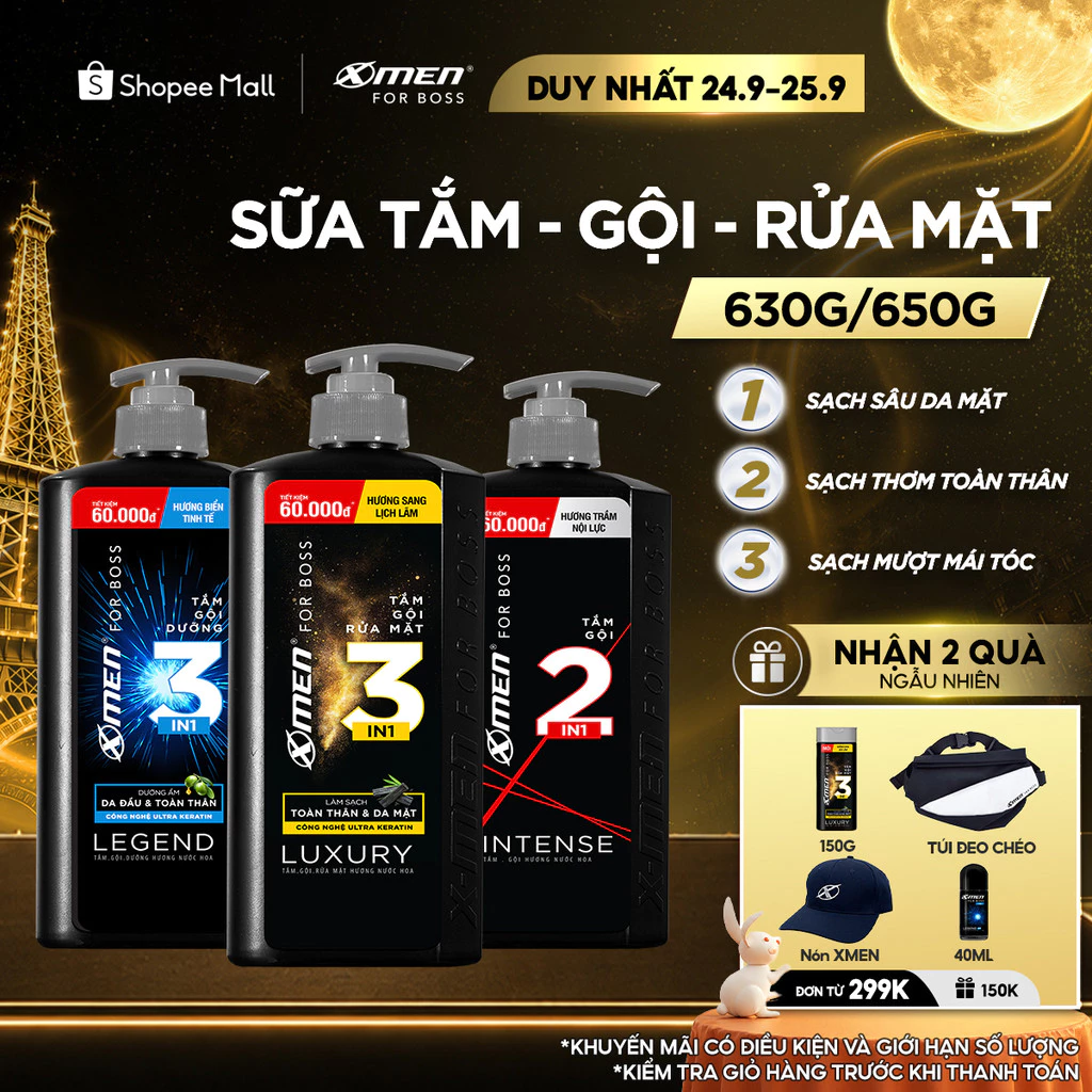 [Mới] Tắm Gội Rửa Mặt XMen for Boss 3in1 Luxury 630g 350g / Tắm Gội Legend 630g / Intense 650g Hương Nước Hoa Châu Âu