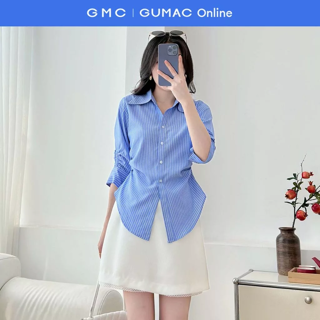 Áo sơ mi nữ tay lửng có nhún chiết ly eo xanh sọc vải kate đứng form thời trang GUMAC AF01024