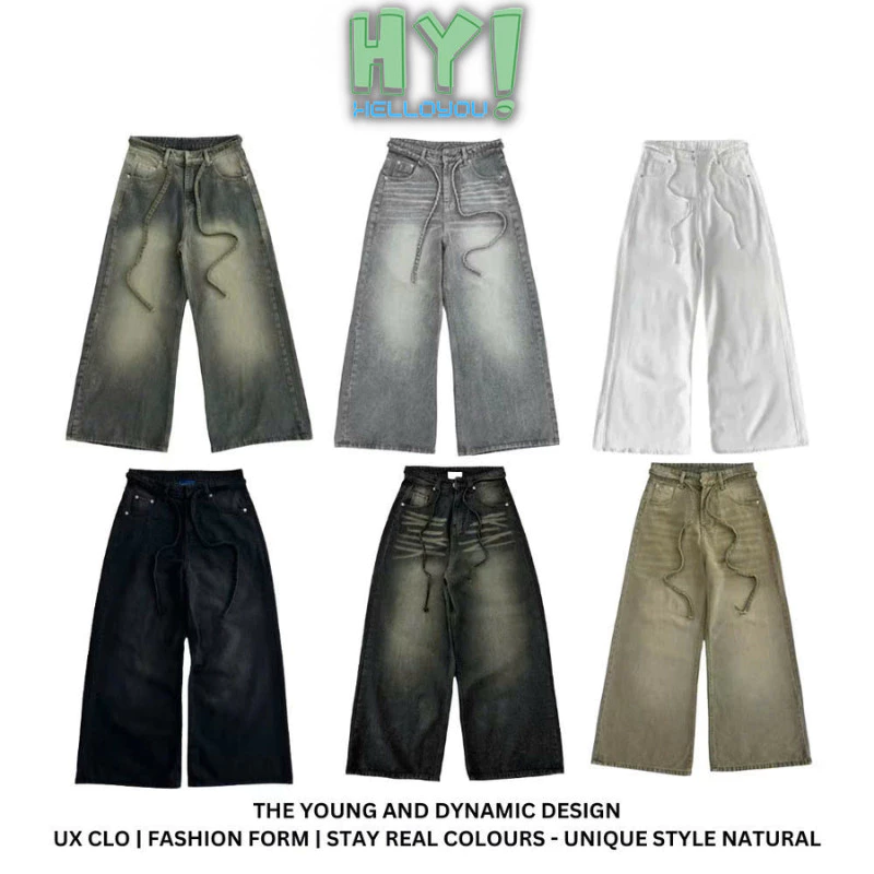 Quần Jean Ống Rộng Nam Nữ Mẫu Mới Phối Dây - Helloyou - HELLOYOU SHOP