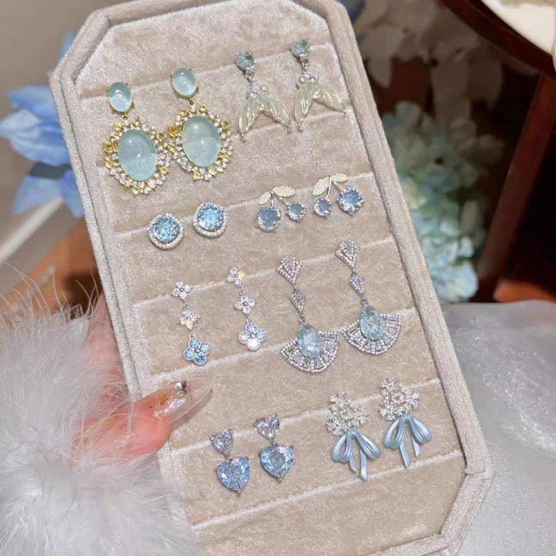 Bạc Kim Nhựa Xanh Bông Tai Zircon Bông Tai Khí Quyển Bông Tai Cao Cấp