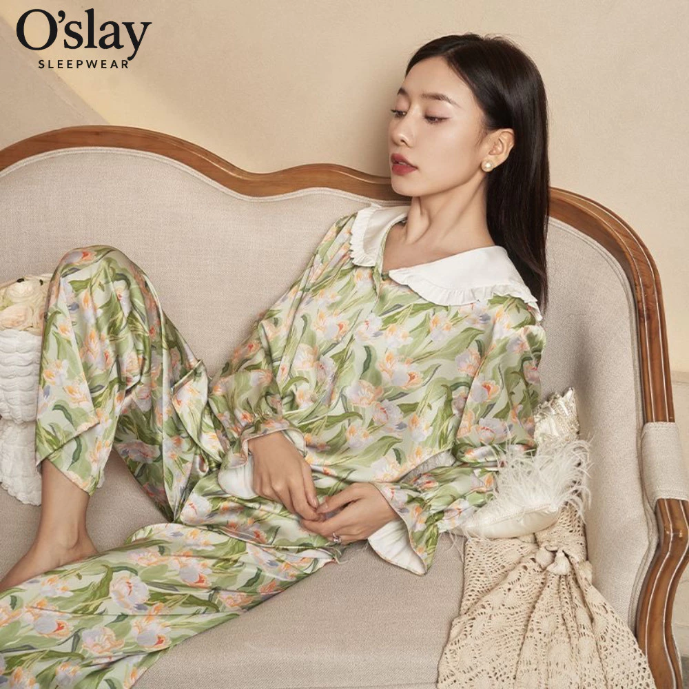 Bộ Pijama Lụa Hoa Tulip Nữ - Đồ Ngủ Dài Tay Mềm Mại Thoáng Mát Siêu Êm Xuân Hè B04102