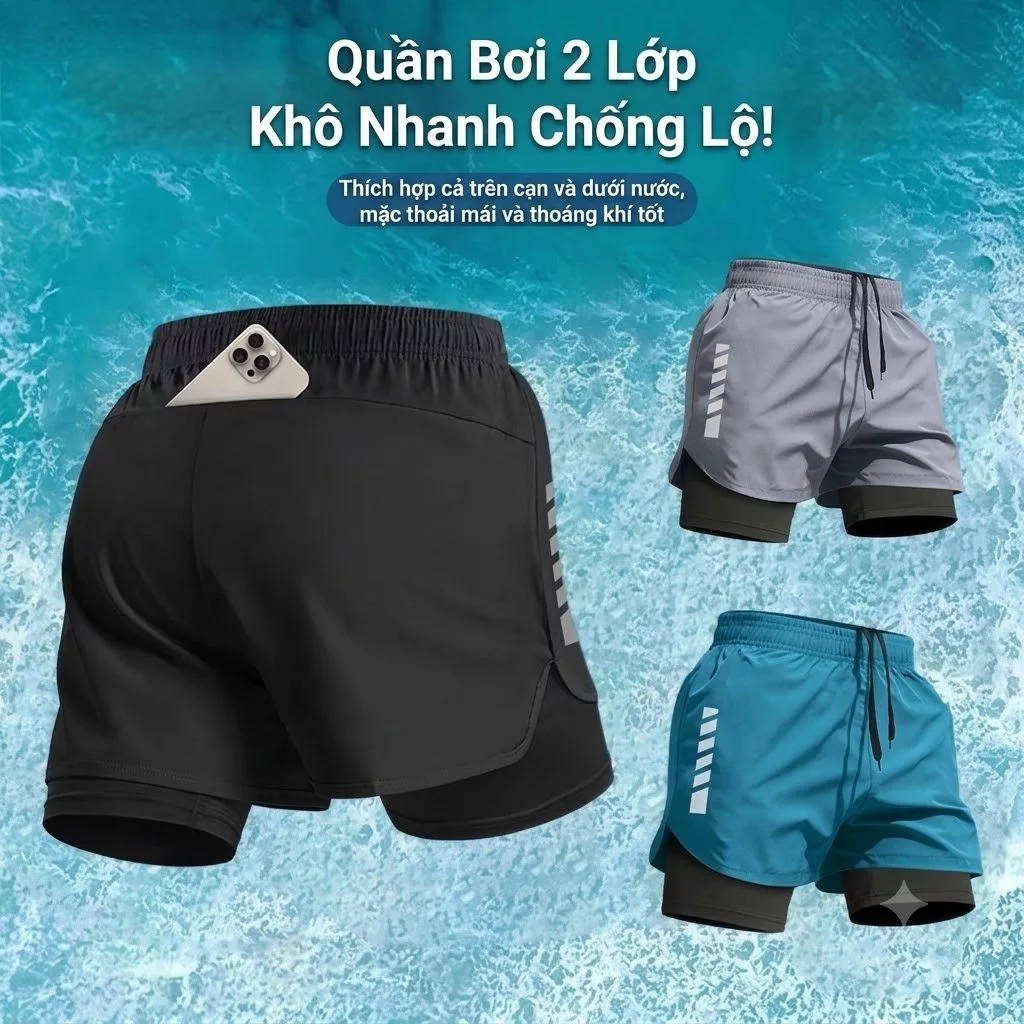 Quần ngắn đi xe đạp lưới khô nhanh Unisex có túi hai lớp – Đa năng để tập luyện, đi xe đạp và bơi lội