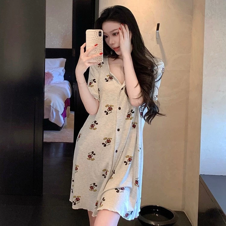 [40-80kg] Hoạt Hình Ngọt Ngào Chuột Mickey Váy Ngủ Một Mảnh Nữ Cao Cấp Thoải Mái Homewear Váy Ngủ Nữ