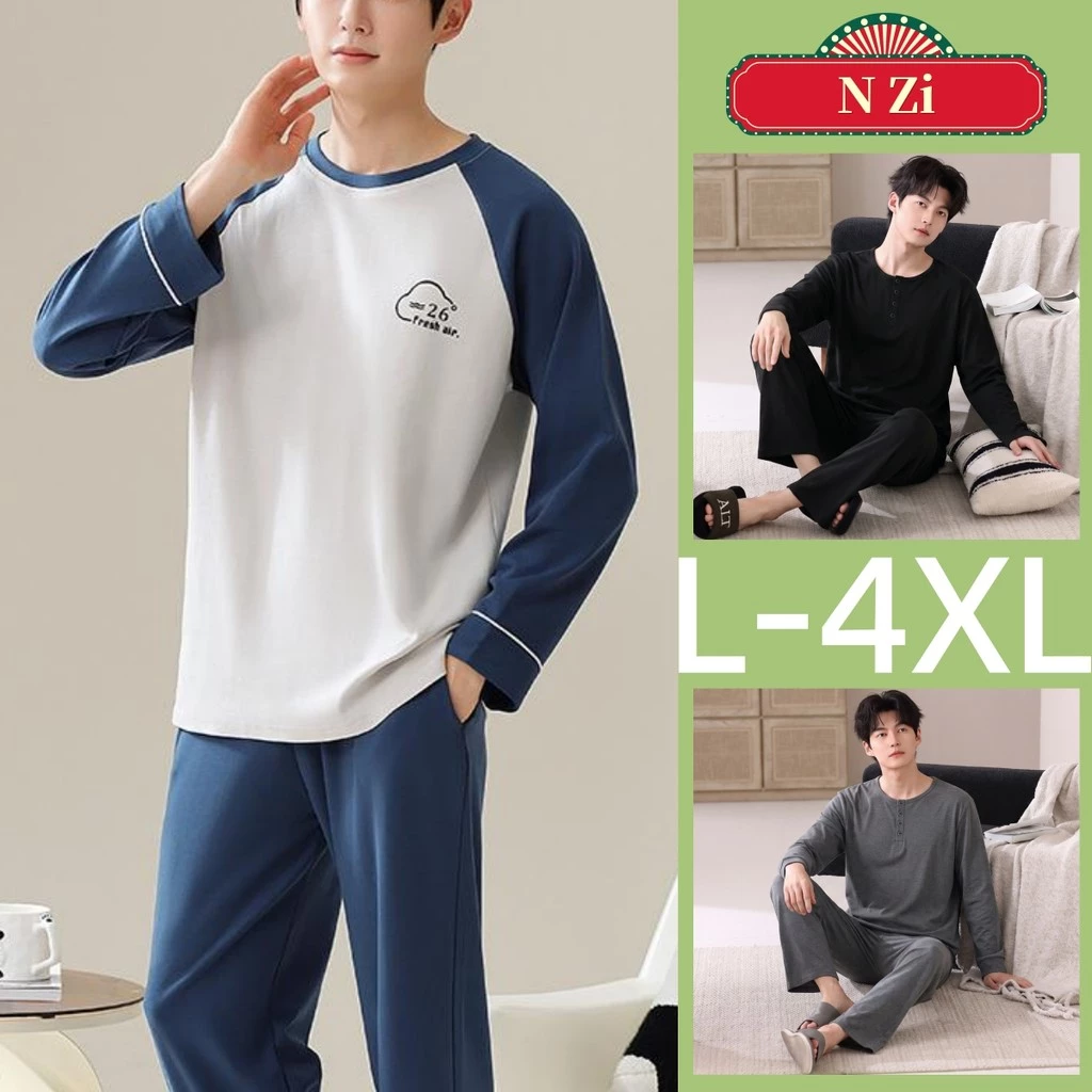 Bộ Đồ Ngủ Nam Cotton Plus Kích Thước Bộ Đồ Ngủ Thu Đông Tay Dài Đồ Ngủ Người Rời Mặc Nhà L-4XL