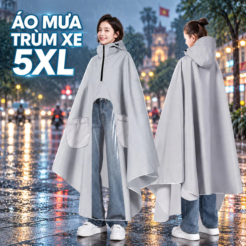 Áo Mưa Trùm Xe Máy 1 Đầu Size 5XL, Cổ Cao Khóa Kéo Chống Tạt Nước, Vành Mũ Điều Chỉnh Che Mưa Hiệu Quả