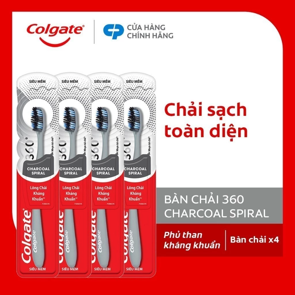 Bộ 4 Bàn chải Colgate 360 kháng khuẩn Charcoal lông chải xoắn kép